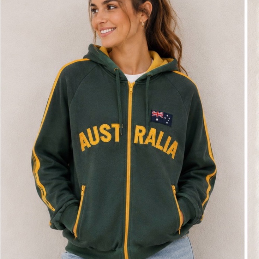 Australia Branded Green Zip Hoodie with Yellow Trim M